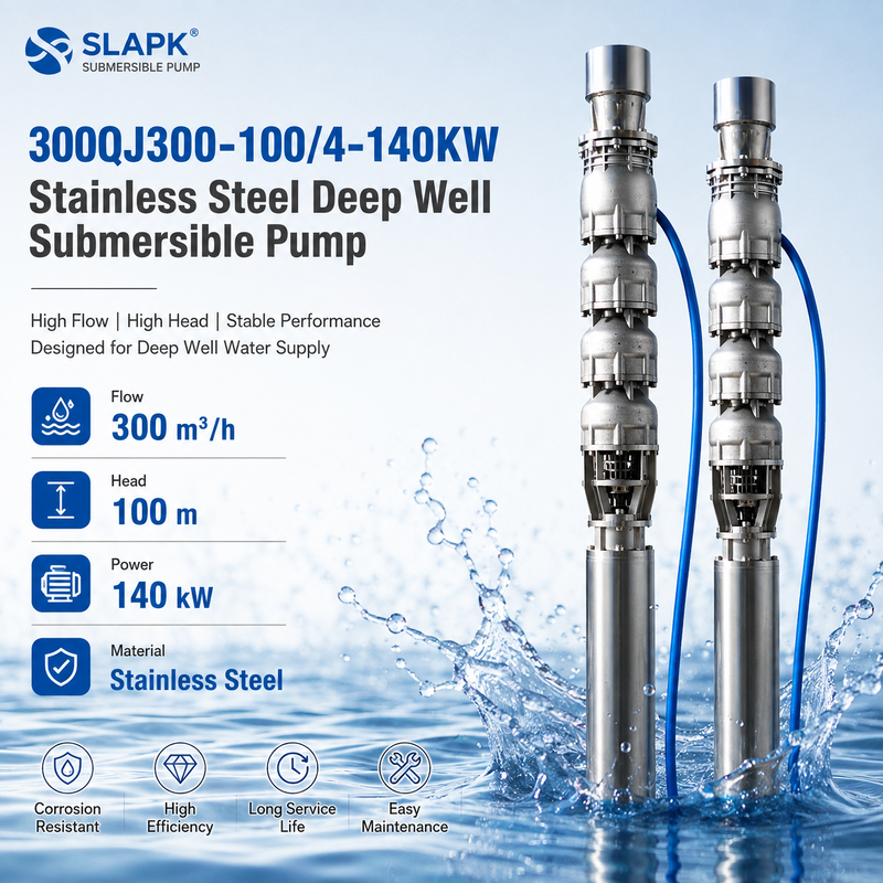 Pompe submersible pour puits profonds à haut débit de 300 m³/h, hauteur manométrique de 100 m, moteur de 140 kW, pour applications en eau de mer