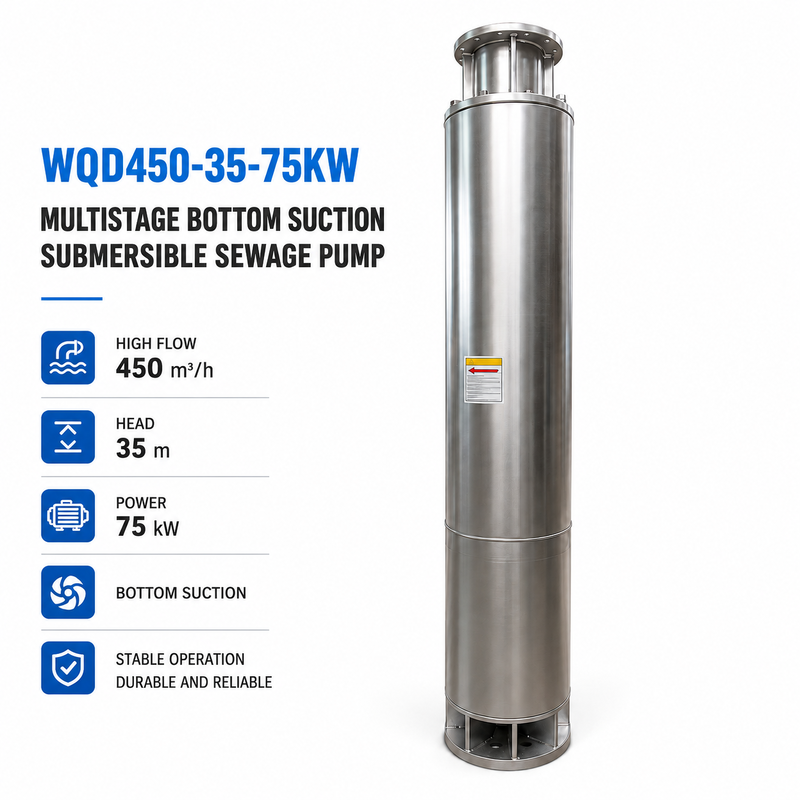 WQD450-35-75KW Pompes d'égout submersibles à aspiration de fond à plusieurs étages avec débit de 450 m3/h et tête de 35 m